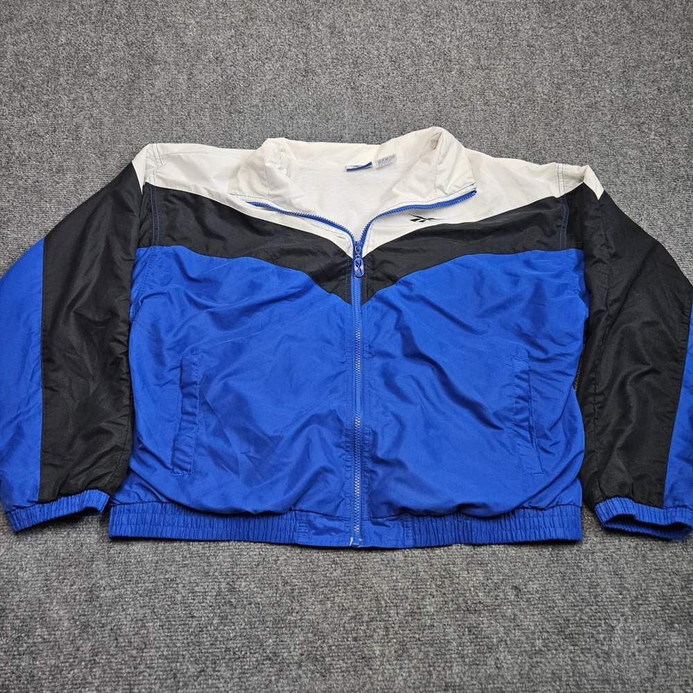 Vintage 90s Reebokโ Windbreaker Jacket Mens XL Blue Black White Colorblock 80s